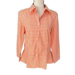 Lauren Ralph Lauren Orange and White Gingham Peplum Button-down Top 12 cotton.